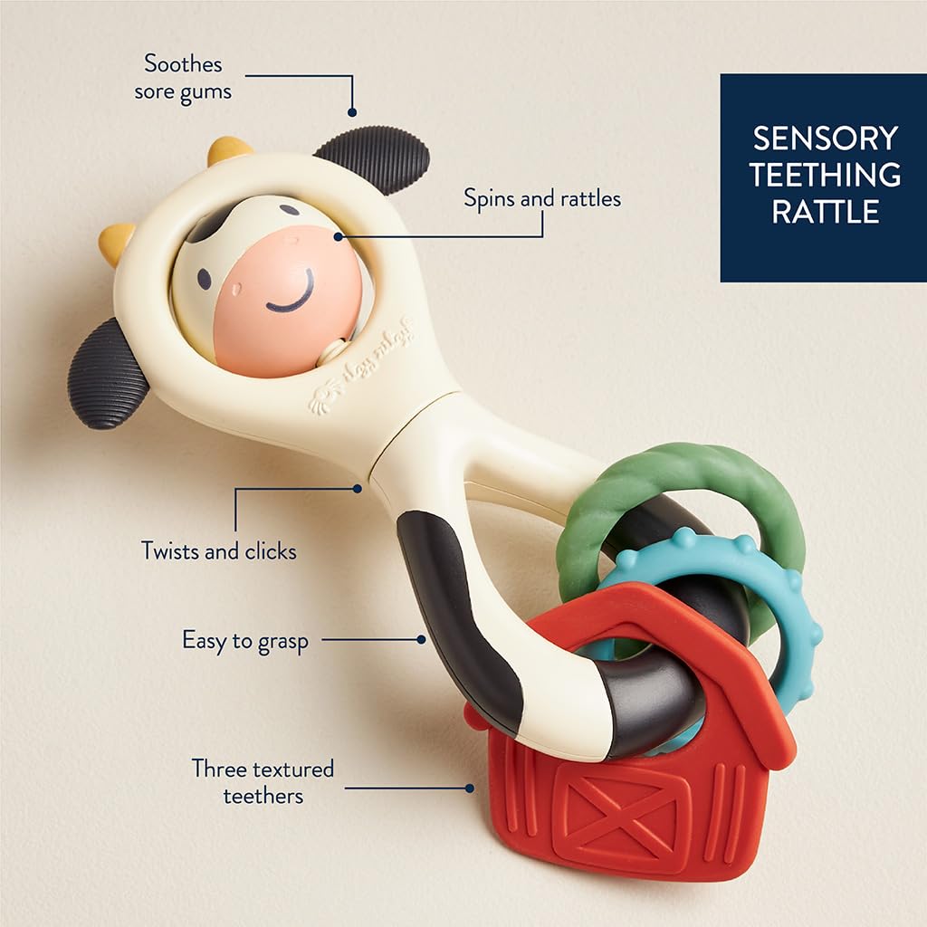 Itzy Ritzy Spinner Rattle Toy – Cow Design Sensory Teething Rattle Includes Spinning Face, Clicks, Rattles & Textured Teethers; Designed for Ages 3 Months and Up (Cow)