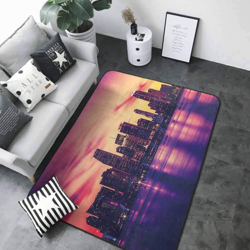 Anti-Slip Outdoor Rugs United States,View of Miami at Sunset Building Urban Modern City Life Ocean Skyline,Purple Pink Peach 60"x 96" Rugs