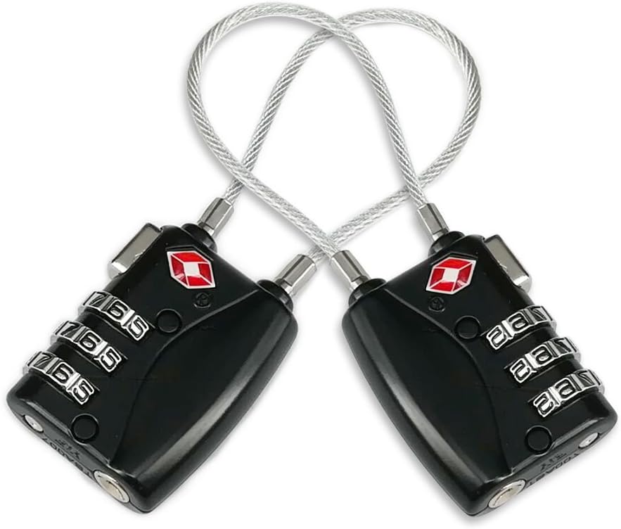 Jazzka Luggage Travel Locks 2 Pieces TSA Combination Padlocks 3 Digits Cable Security for Suitcases Bags Gym Password Lockers Black