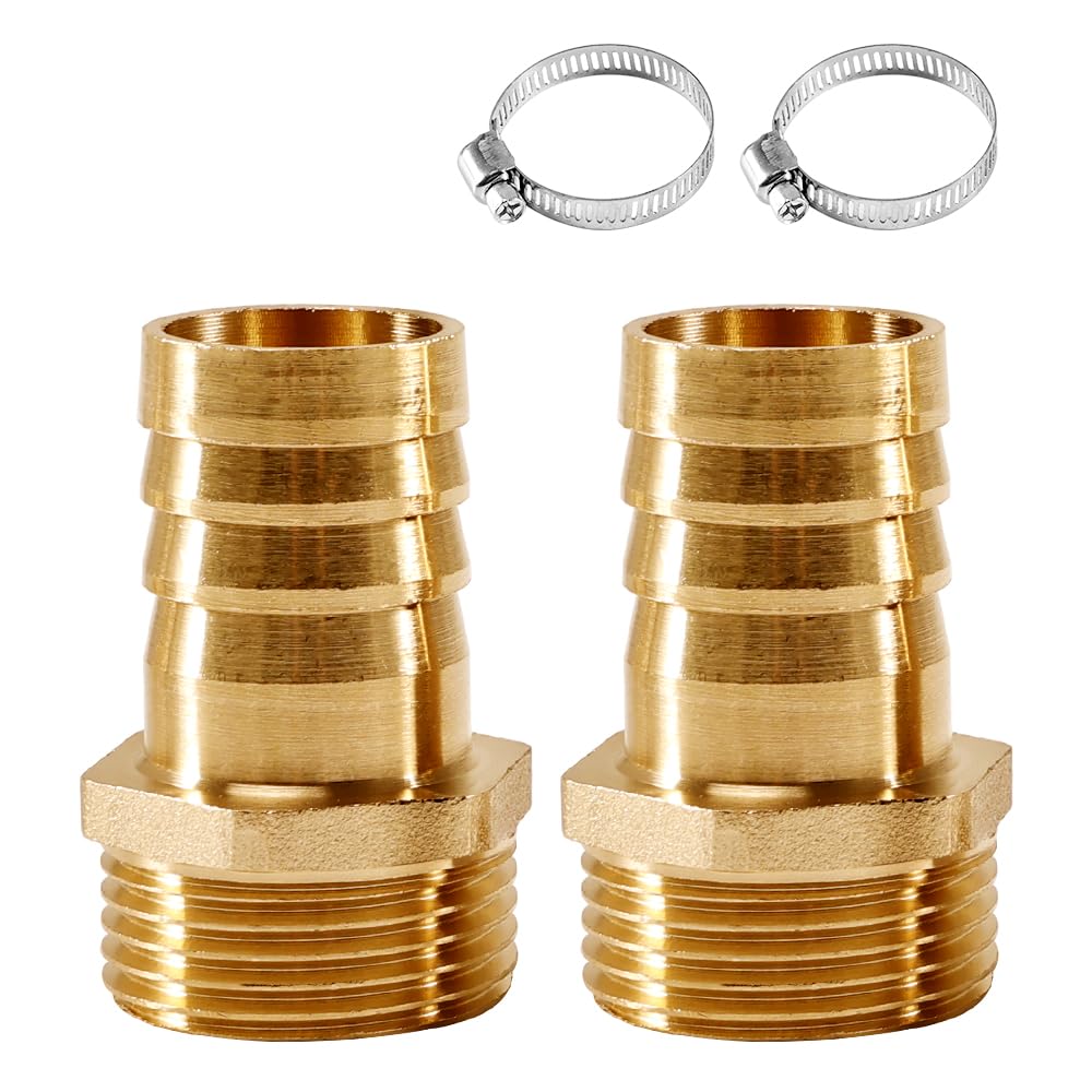Beatific 2 x 1 inch hose nozzle, brass hose fitting, 1 inch male x 25 mm (1 inch), nozzle hose connection, brass hose connection plug adapter, male thread plug adapter with 2 hose clamps