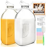 2 Pack 64 Oz Glass Milk Bottles with Nut Milk Bag & 2 Pour Spout & 2 Airtight Lids & Brush- 1/2 Gallon Heavy Duty Jug Pitcher Large Reusable Container for Milk, Juice, Water, Coffee for Refrigerator