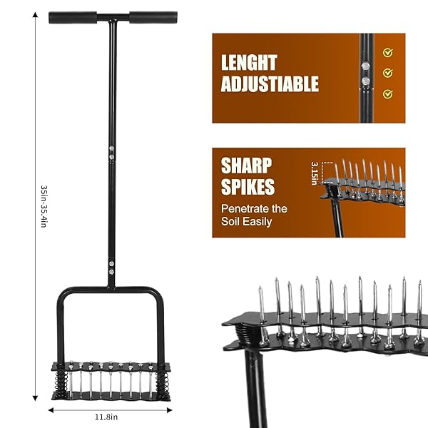 ETSRMI LAWN AERATOR TOOL WITH 14 METAL SPIKES – MANUAL YARD AERATOR WITH SPRING BASE & AUTO LEAF CLEANING FOR SOIL AERATION, LAWN CARE, GRASS HEALTH – HEAVY DUTY AERATOR FOR GARDEN, BACKYARD, PATIO