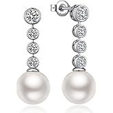 ZDaoBen Pearl Earrings for Women, 925 Sterling Silver Cubic Zirconia Pearl Dangle Earrings 10MM