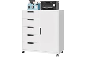 Letaya 5 Drawer Storage Cabinet, Mobile Printer Stand for Home Office,Dresser Chest with Shelves and Door(White)