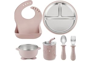 PandaEar 6-in-1 Stainless Steel Baby Feeding Set | Divided Suction Plate, Bowl, Sippy Cup with Straw, Bib, Spoon & Fork | BPA-Free Toddler Feeding Essentials for Self-Feeding (Pink)