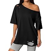 Remidoo Women Distressed Ripped Off The Shoulder Tops Summer Sexy Short Sleeve Oversized Tshirt