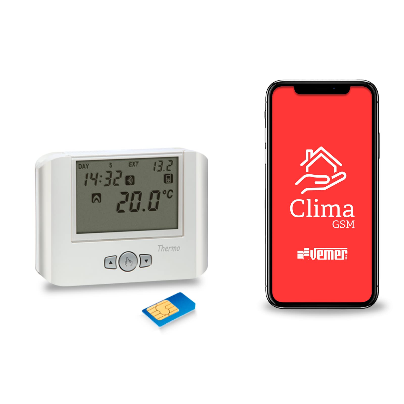 VEMER VE715900 Model Thermo GSM Bianco Weekly Thermostat with GSM Module for Remote Control by Smartphone. Wall-mounting, 230Vac. Color White