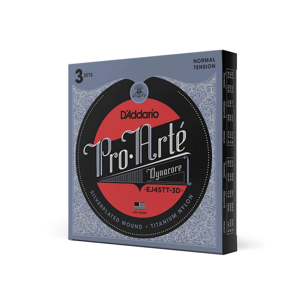 D'Addario Guitar Strings - Pro-Arte Classical Guitar Strings - EJ45TT-3D Dynacore - Silver Plated Wrap, Composite Dynacore, Titanium Nylon Trebles - Normal Tension, 3-Pack