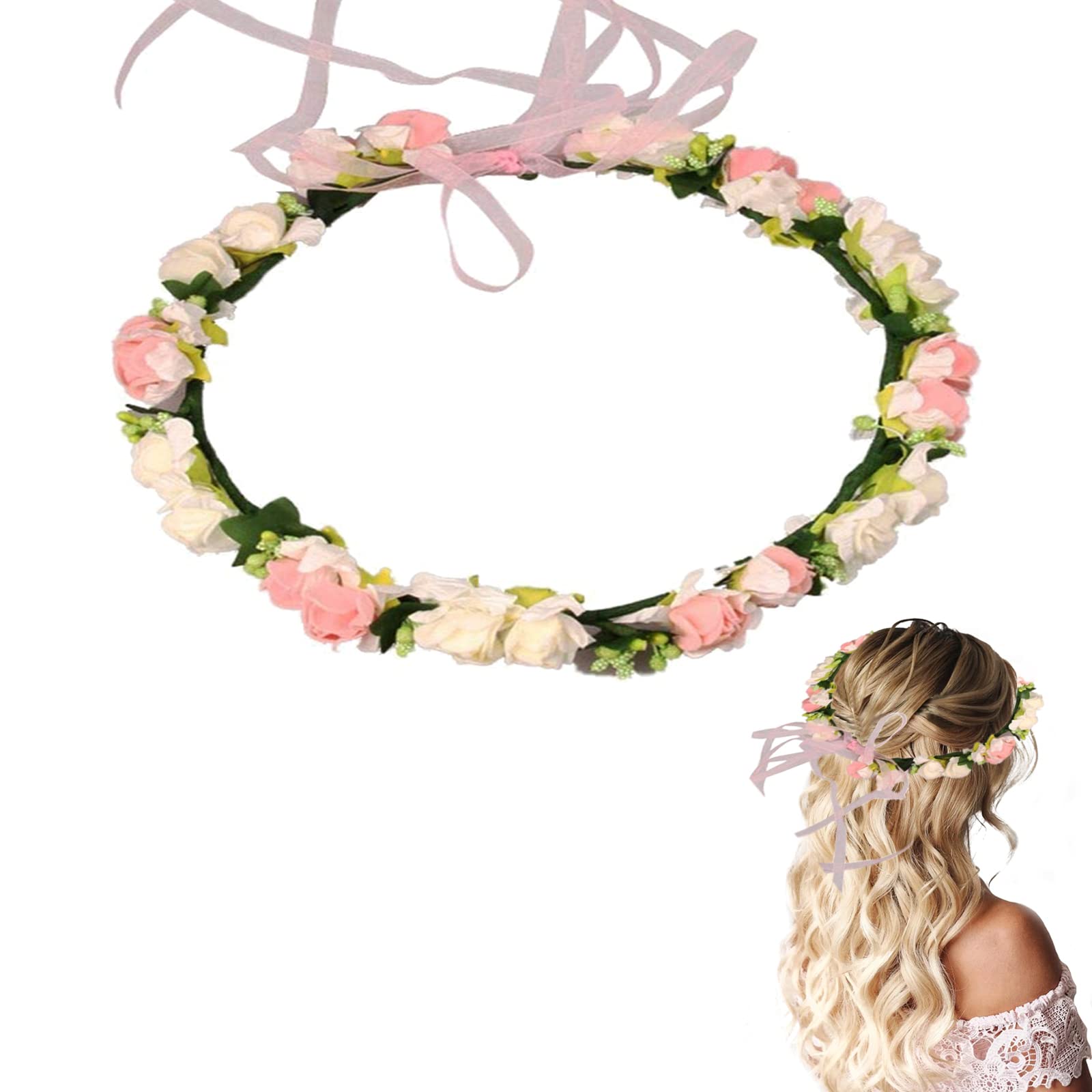 Flower Crown Flower Girl Hair Accessories Festival Accessories Hen Party Accessories Flower Headband with Ribbon for Women or Girls (Mix colour)