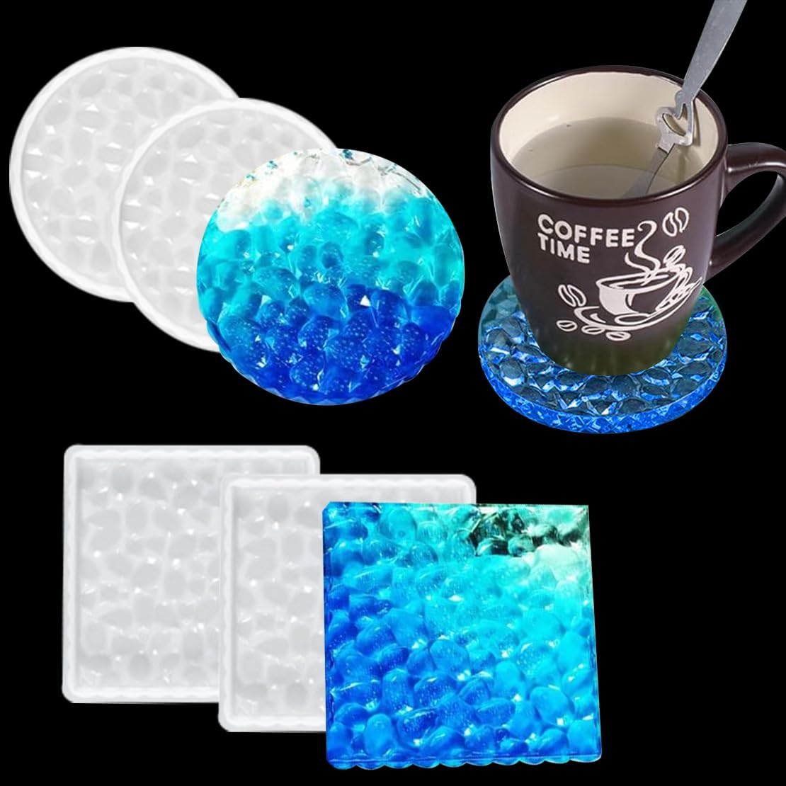 DeryArcle 4Pcs Coaster Resin Mould, Square Round Silicone Moulds for Resin, Cup Mat Epoxy Resin Mould, Stone Pattern Coaster Casting Mould for DIY Mats Ornaments Home Decoration — image 1