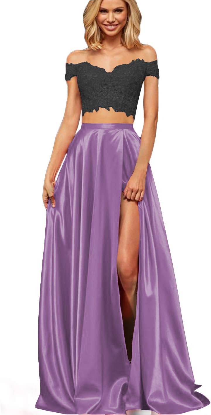 Lover Kiss Long Two Piece Prom Dresses with Slit Lace Satin Formal Party Gown for Juniors 2020