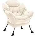 Youtanic Lazy Chair Thick Padded, Accent Chair Velvet Upholstered with Wide Seat, Stable Metal Frame and Non-Slip Pad, Modern Sofa Armchair with Side Storage Bag for Dorm, Room, Office, Beige