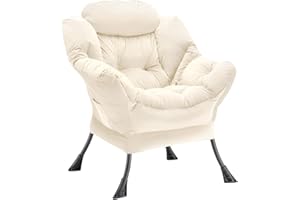 Youtanic Lazy Chair Thick Padded, Accent Chair Velvet Upholstered with Wide Seat, Stable Metal Frame and Non-Slip Pad, Modern Sofa Armchair with Side Storage Bag for Dorm, Room, Office, Beige