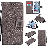 iPhone 6 / 6S Wallet Case,A-slim(TM) Sun Pattern Embossed PU Leather Magnetic Flip Cover Card Holders & Hand Strap Wallet Purse Case for iPhone 6 / 6S [4.7 Inch] - Gray