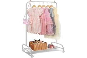 YGJT Kids Clothing Rack, Baby Clothes Racks for Hanging Clothes with Wheels and Bottom Storage Shelf, Small Toddler Garment Rack Kids Dress Up Storage Wardrobe for Coats, Skirts, Dance Costume(White)
