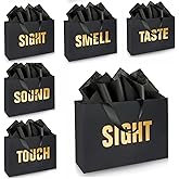 Gold Foil 5 Senses Gift Bags for Him Her with Labels Envelopes and Cards, Sight Smell Touch Taste Sound Gift Bags with Tissue Handle for Birthday, Anniversary, Mother's Day, Valentine's Day（12.6x4.33x9.84inch)