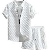 Verdusa Men's 2 Pieces Outfits Short Sleeve Button Down Shirts Textured Short Set