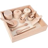 Montessori Sensory Bin Tools Toy with Wooden Box for Toddlers, Pretend Play Dish Toys Wooden Bowls Scoop Tongs Transfer Work Pouring Set, Kids Fine Motor Skills Development