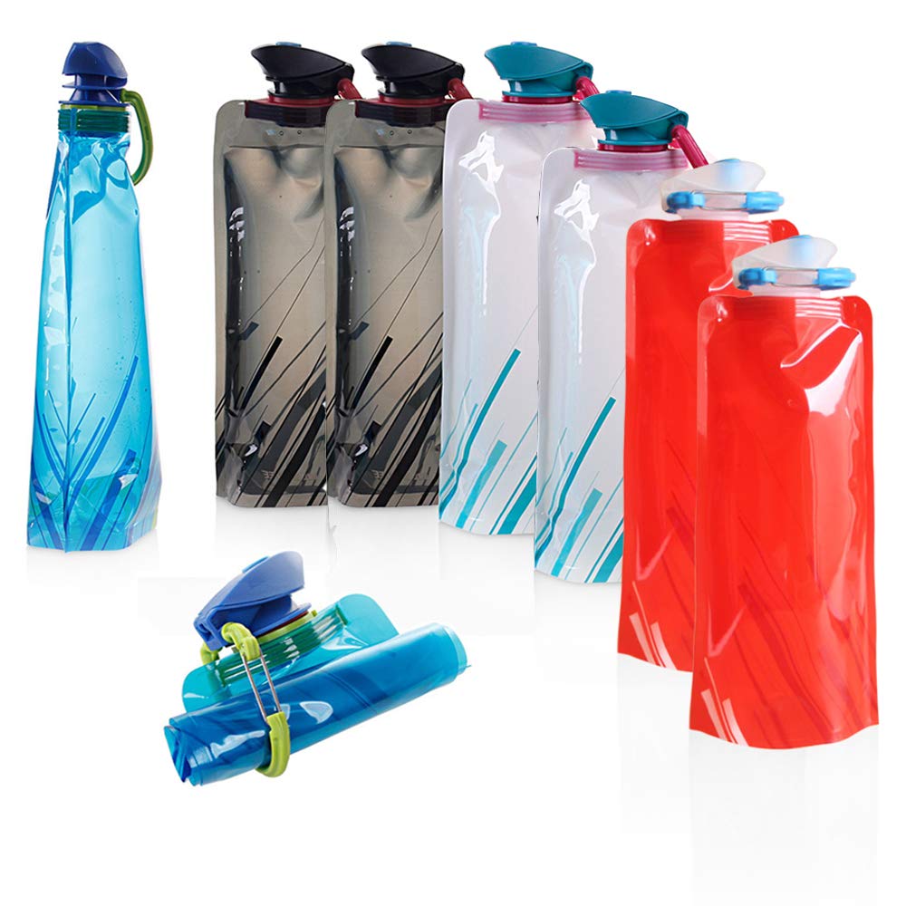 HMIEPRS 8PCS Collapsible Foldable Water Bottle, BPA Free Portable Reusable Water Bag with Carabiner for Outdoor Sports Hiking Adventure Travel Cycling Hiking (700ml, Blue, White, Red, Black)