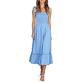 Imily Bela Womens Summer Floral Boho Dress Tie Strap Square Neck Smocked Ruffle A Line Beach Long Maxi Dresses