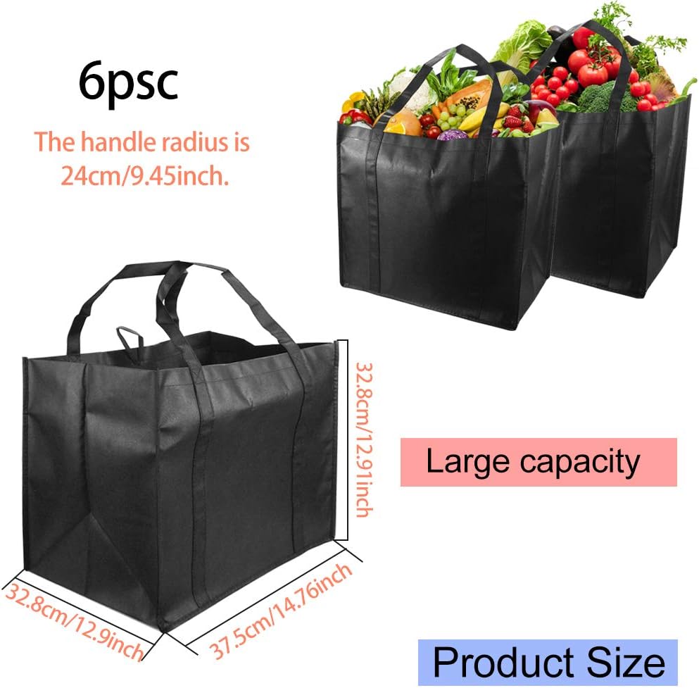 SSPECOTNR 6 Pcs Non Woven Grocery Tote Bag Reusable Large Shopping Bag Durable Heavy Duty Thick Support Bottom Reinforced Handle Carrier Shoulder Bags Hold 44+ lbs 15” x 10”x 14” Eco Friendly Black - Image 3