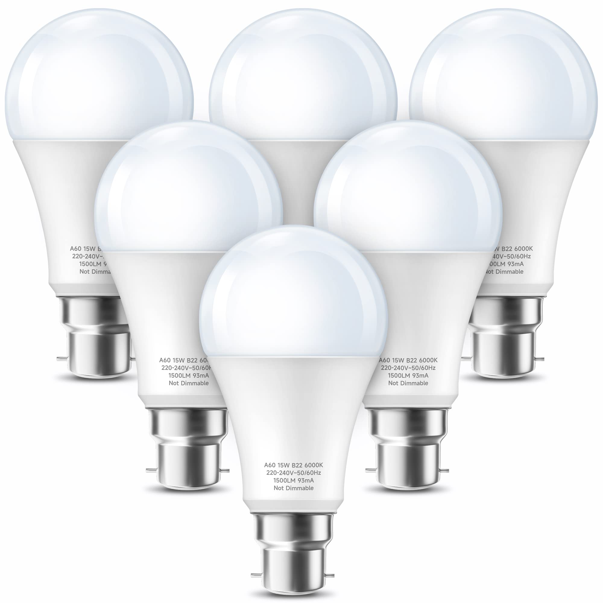 Eastiya Light Bulbs Bayonet 150W Equivalent, Daylight 6000K, 1500LM Strong Bright B22 LED Bulb, 15W Energy Saving Lightbulbs for Bathroom, Home Office, Outdoor, Non-dimmable, Pack of 6