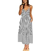 Fashionme Womens Summer Maxi Dresses 2026 Trendy Striped Vacation Boho Beach Spaghetti Strap Sundress Back Tie with Pockets