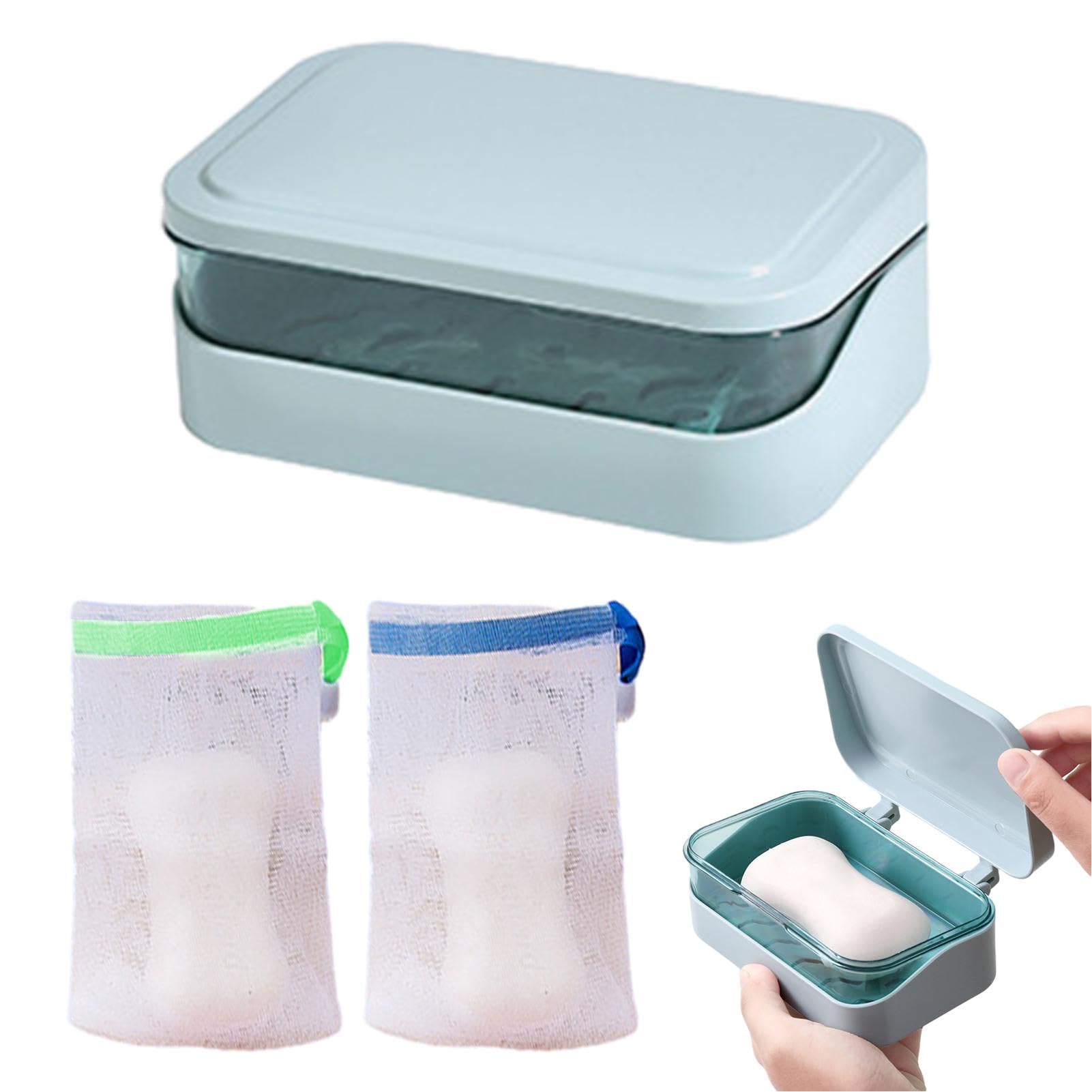 Divono Soap Dish with Lid,Plastic Soap Box,Travel Soap Case,with Removable Drainer Two Foaming Nets,Portable,Suitable for Using at Home and Travel