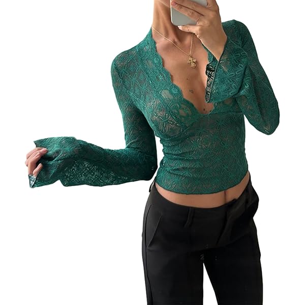 Women Y2k Lace Top Sexy V Neck See Through Tops Floral Mesh Long