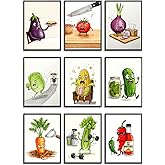 9Pcs Funny Weird Kitchen Wall Art Cute Cool Colorful Food Vegetable Painting Picture Wall Decor Whimsical Pickle Eclectic Food Art Poster Print Artwork for Modern Dining Room Home Decoration Unframed