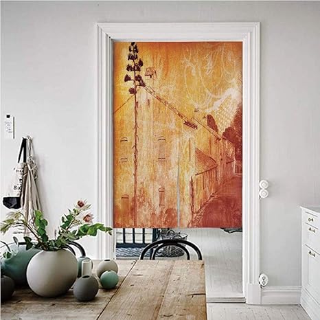 Amazon 焦げたオレンジ のれん おしゃれ 目隠し 幅72 X丈170 古いフランスの家の通りのレトロなイラスト地中海環境印刷 暖簾 ロング 目隠し 部屋間仕切り リビング カーテン タン のれん オンライン通販