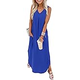 OFEEFAN Maxi Dresses for Women 2026 Loose V Neck Sleeveless Casual Beach Vacation Dress Side Slit Sundresses with Pockets