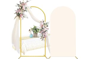 rafofo Metal Arch Backdrop Stand with Arch Covers, 7.2ft Gold Wedding Arch Frame Arch Backdrop Stand with Beige Spandex Fitted Arch Backdrop Covers and Table Cloths for Wedding Birthday