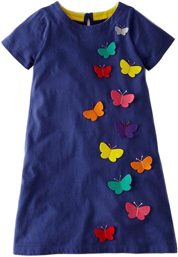 Youlebao Girls Cotton Long Sleeve Casual Cartoon Appliques Striped Jersey Dresses