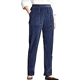 LOVESHOOT Corduroy Pants for Women Elastic High Waist Pull On Straight Leg Slacks Casual Fall Trousers with Pockets