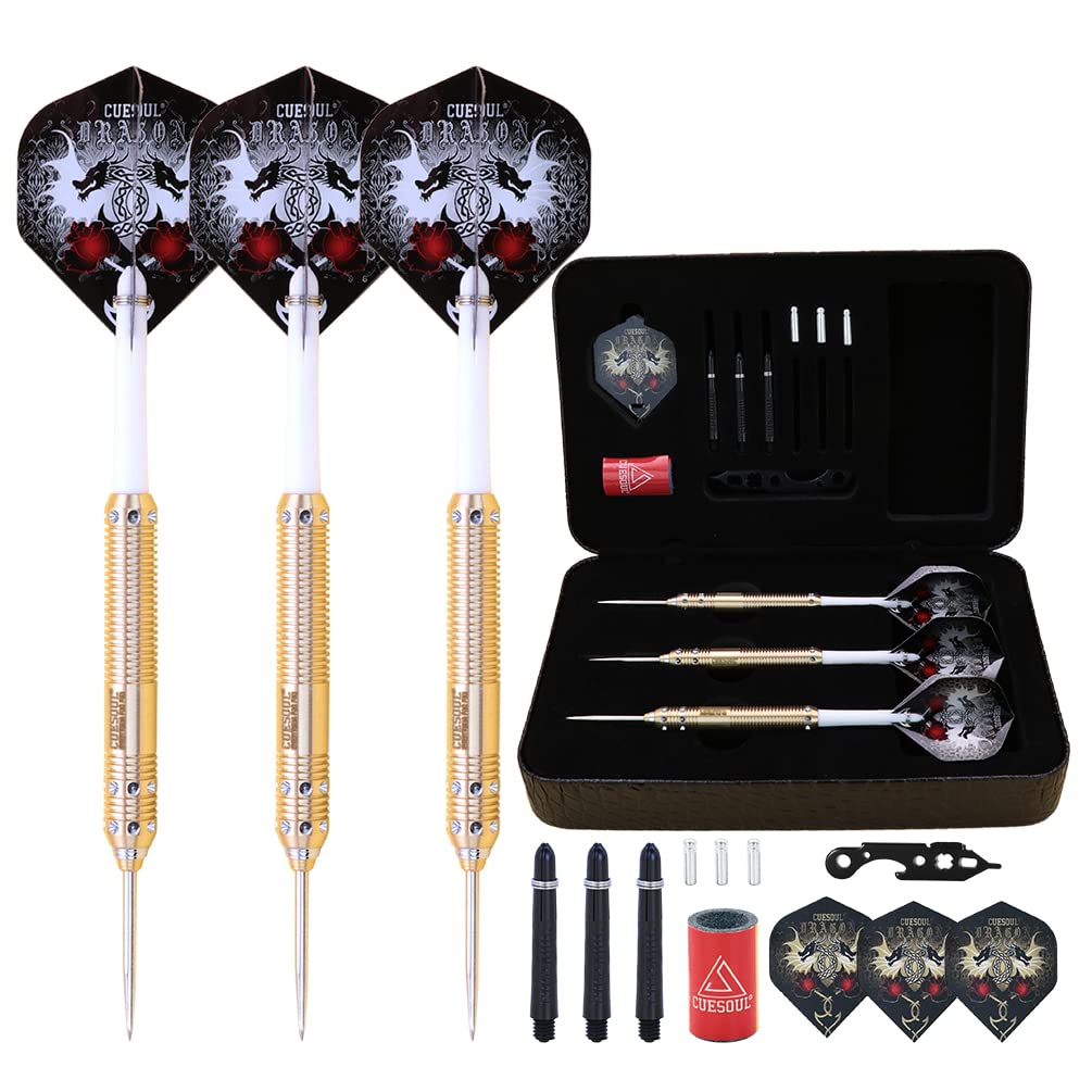 CUESOUL Dragon Series 23 Grams Professional Steel Tip Darts Set Brass Barrels Shockproof Deluxe PU Carry Case Nylon Shafts Well Balanced (JL-SL-J2107L)