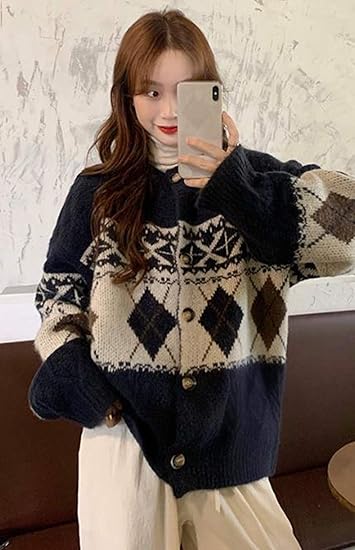 Amazon Aozuoレディース カーディガン ゆったり ニット カーディガン ふんわり ケーブル編み チェック柄 トレロ 秋 冬 ストリート系アウター カジュアル おしゃれ コーディネート ネイビー カーディガン ボレロ 通販