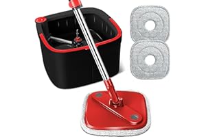 KZKR Spin Square Mop and Bucket Set with Replaceable Pads and Self Separation Dirty and Clean Water System, Self Wringing 360° Rotating Mops Head for Home Hardwood Tile Marble Floors Cleaning