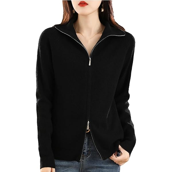 Women Wool Sweater Double Zipper Cardigan Casual Knitted Tops