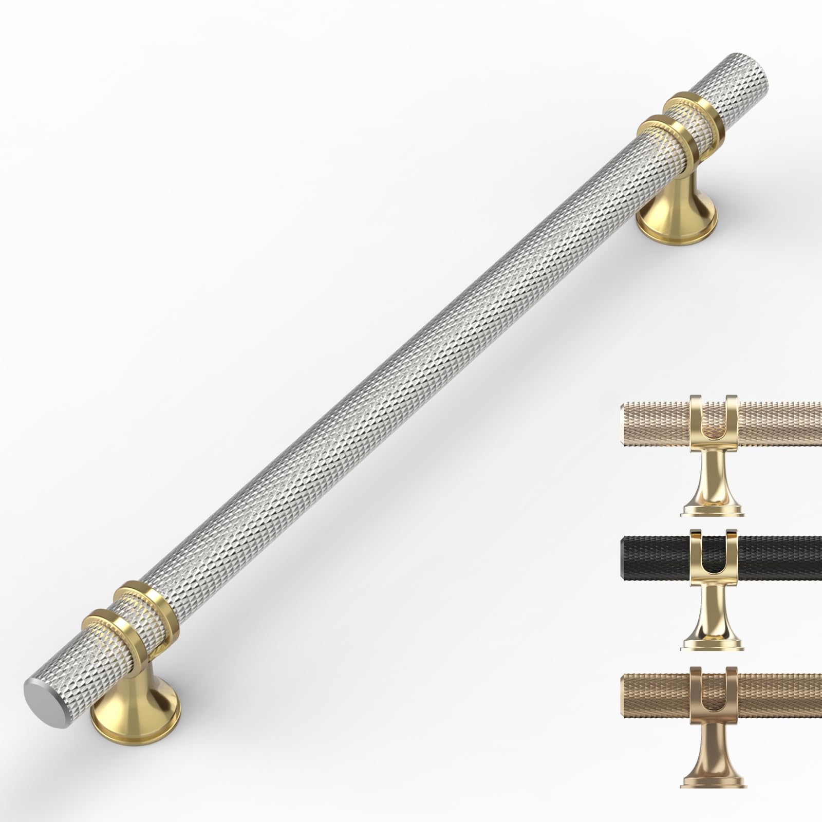 9BUILD 10 Pack Gold Brushed Satin Nickel Cabinet Pulls - 192MM Hole Center Kitchen Cupboard Handles - Knurled Cabinet Handles for Cupboard & Drawer - UK0049 — image 1