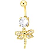 COOLSTEELANDBEYOND Gold Color Dragonfly Belly Button Ring with Clear CZ Dangle Navel Piercing Jewelry for Women