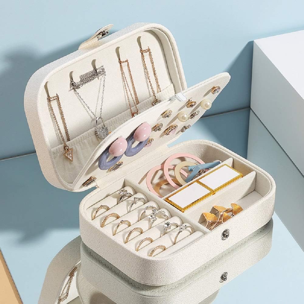 YONZONE Jewellery Box Organiser Travel Jewellery Case Storage Small Jewellery Boxes for Rings Earrings Necklace Bracelets Double Layer Faux Leather Jewelry Gift Box for Girls Women(White) - Image 4