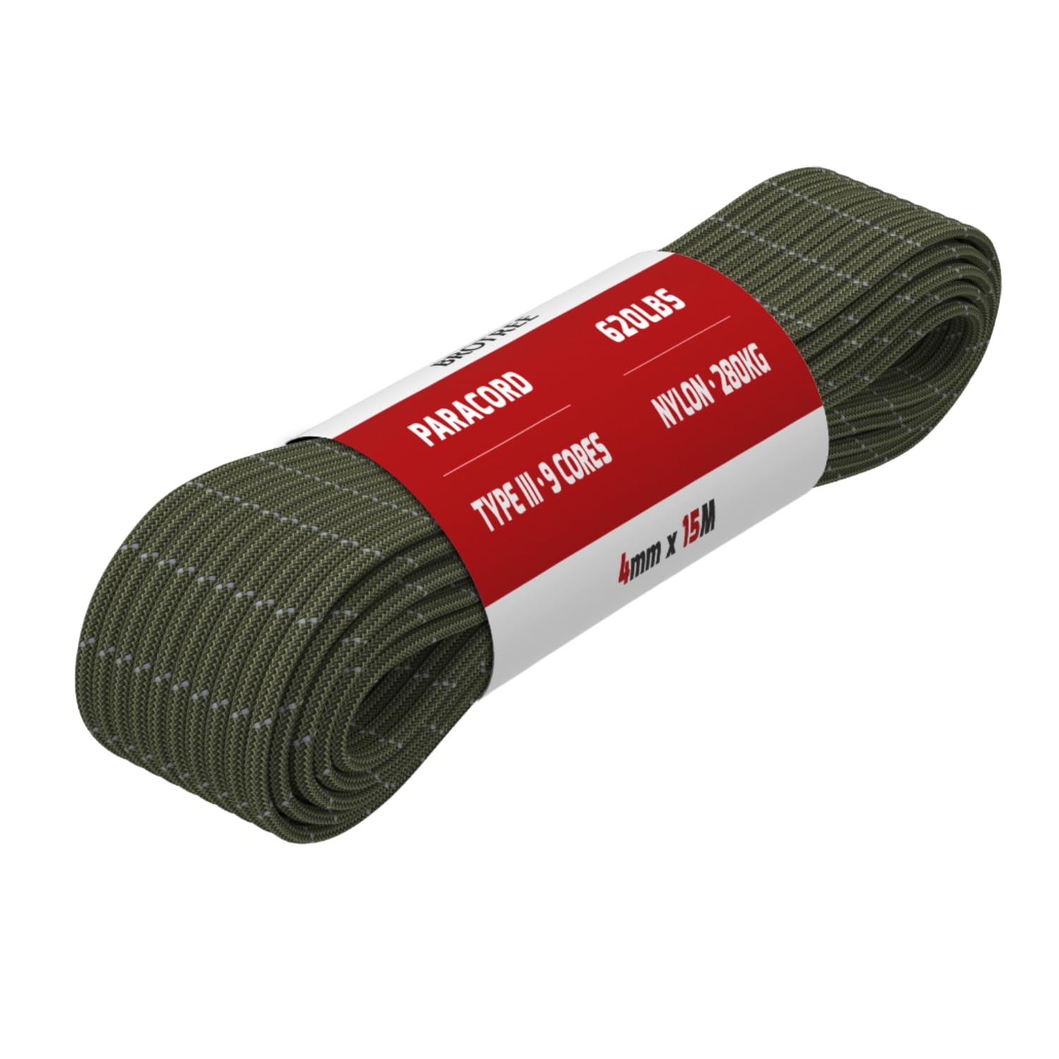 Brotree Paracord 4mm 15M 9 Strands 100% Nylon Rope Type 3 Parachute Cord for Outdoor, Bracelet, DIY - 280kg Breaking Load (Reflective Army Green)