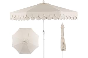 JONATHAN Y UMB1002C Tracy 9 ft. Classic MidCentury Scalloped Fringe Market Patio Umbrella with Auto-Tilt, Crank, Wind Vent and UV Protection in Cream/White