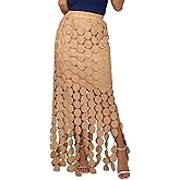 Kissonic Womens Long Fringe Maxi Skirt Summer Hollow Out Boho Elastic High Waist Skirt