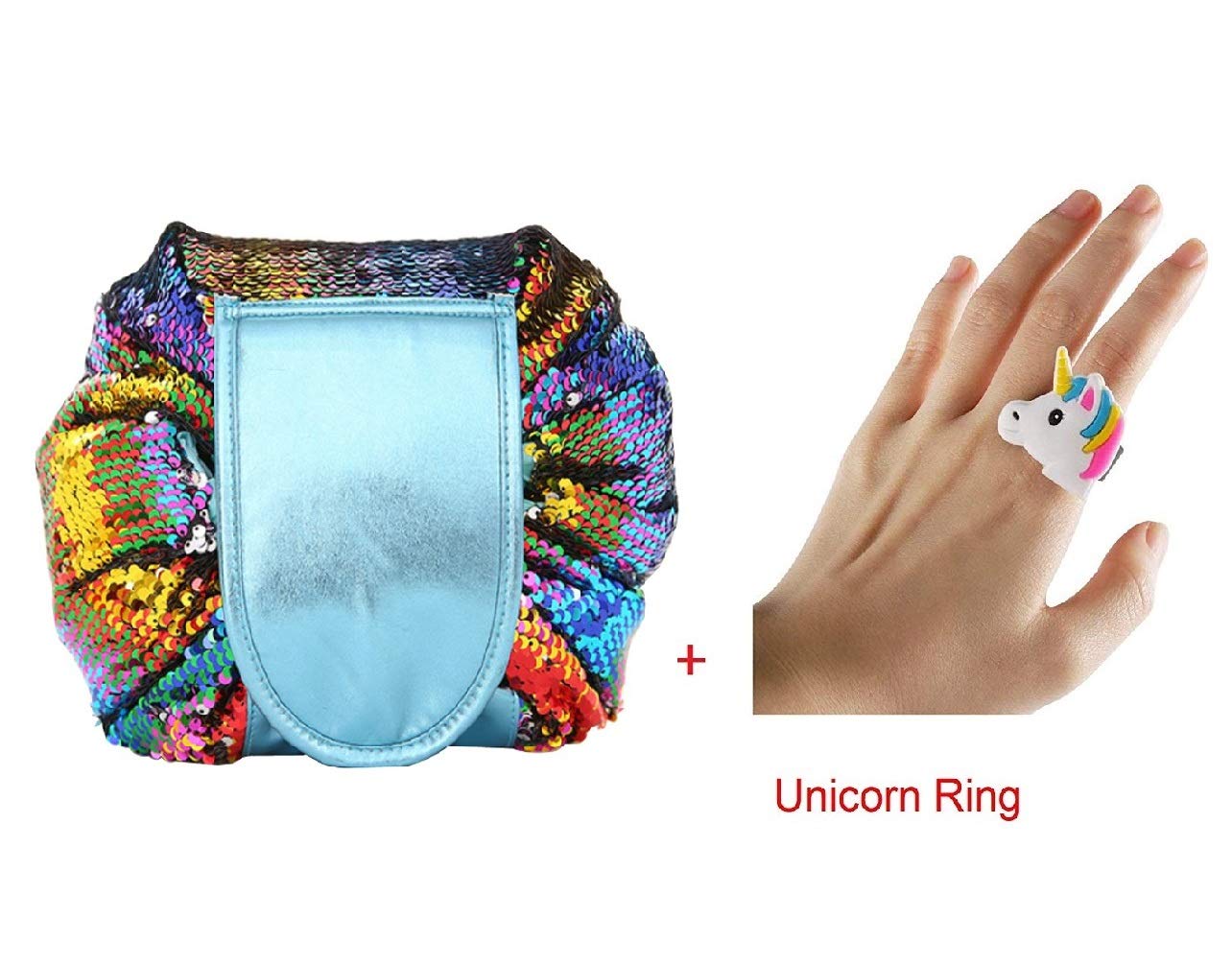 Fanovo Unicorn Lazy Drawstring Cosmetic Bag - Unicorn Makeup Bag,Waterproof Travel Bag Drawstring Makeup Bag Magic Toiletry Bag for Women+ 1 PC Cute Unicorn Ring (Sequin Rainbow)