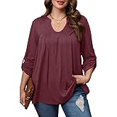 Angelips Women's Plus Size Tops V Neck Roll Up 3/4 Sleeve Tunic Pleated Casual Shirts Trendy Dressy Flowy Going Out Blouse