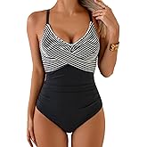 Aidonger Women's One Piece Swimsuit Tummy Control Front Cross Bathing Suit Color Block Slim Tie Back High Waisted Swimwear