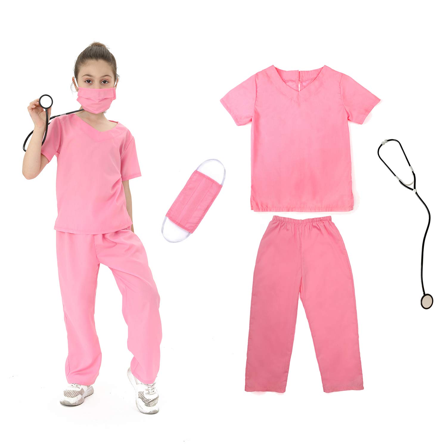 Wiclin Doctor Role Play Costume Pink Scrubs for Unisex Children With Top,Pants and Stethoscope.(XS 3-5 Years)