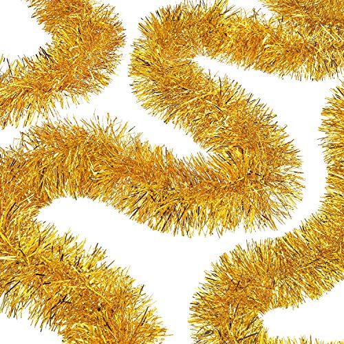 WILLBOND 50 Feet Tinsel Garland Metallic Tinsel Twist Garland Christmas Tree Decorations New Year Wedding Birthday Hanging Decorations Party Supplies 3 Inch (Gold)
